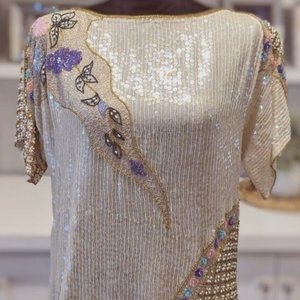 Judith Ann 100% Silk Sequin Beaded Evening Pastel Floral Flower Top Shirt Blouse